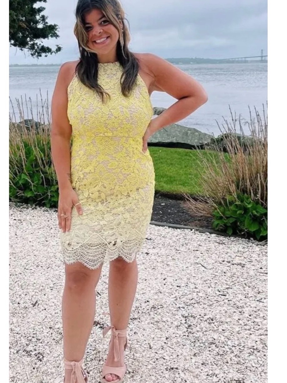 Lulu's Yellow-to-Cream Ombre Lace Halter Dress